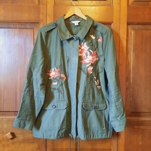 Christopher & Banks Petite 100% cotton olive green embroidered military jacket